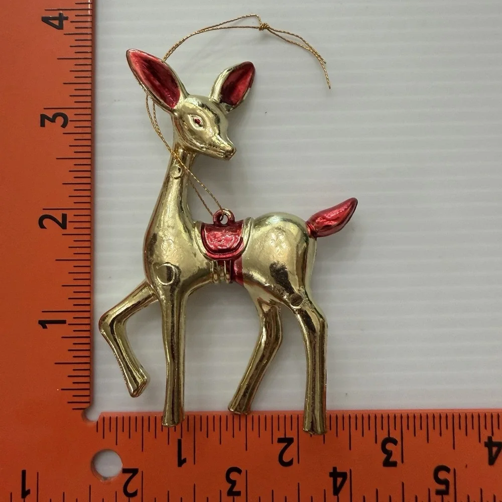 Lot Of 2 Vintage Gold Plastic Reindeer Christmas Ornaments Mid-Century Style